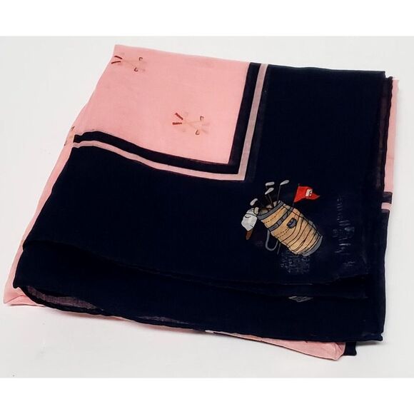 VTG Ralph Lauren Scarf Cotton Golf Clubs Bordered Pink/ Navy Printed 1980s Label - Picture 2 of 9